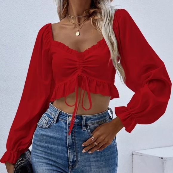 Shein Red Long Sleeved Cinched Crop Top Size Medium - Picture 1 of 7